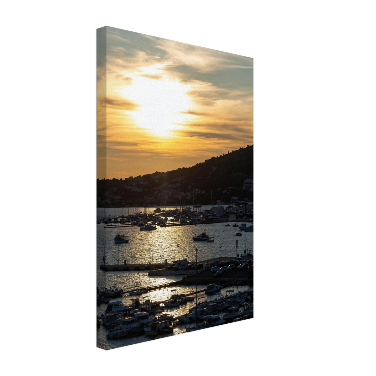 Sunset at the Harbor – harbor sunset with boats photography canvas print