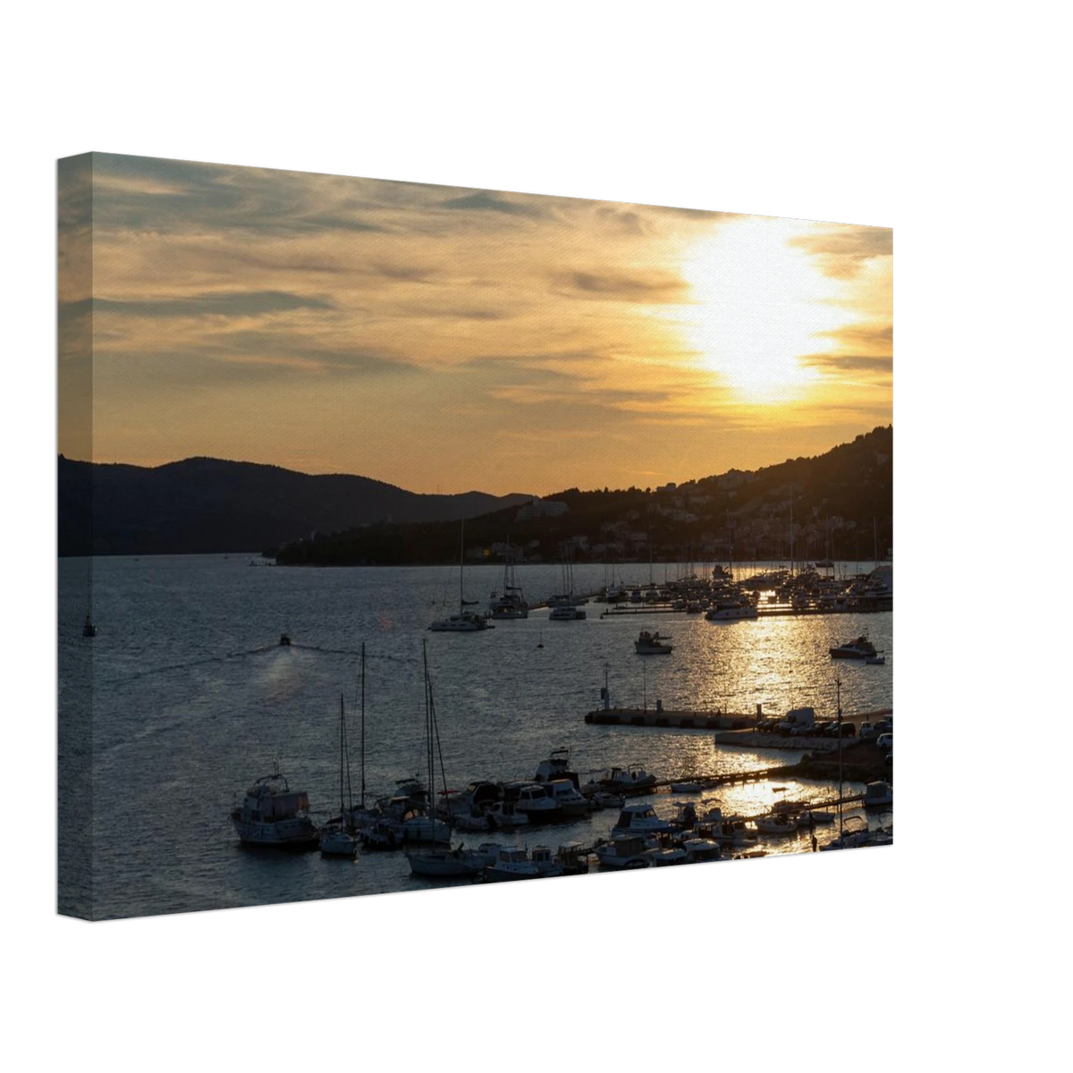Sunset at the Harbor (Horizontal) – harbor sunset with boats photography canvas print