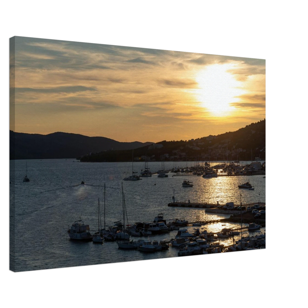 Sunset at the Harbor (Horizontal) – harbor sunset with boats photography canvas print