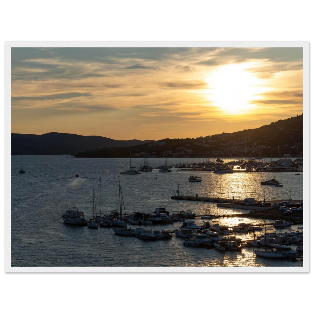 Sunset at the Harbor (Horizontal) – harbor sunset with boats photography photo print in a wooden frame