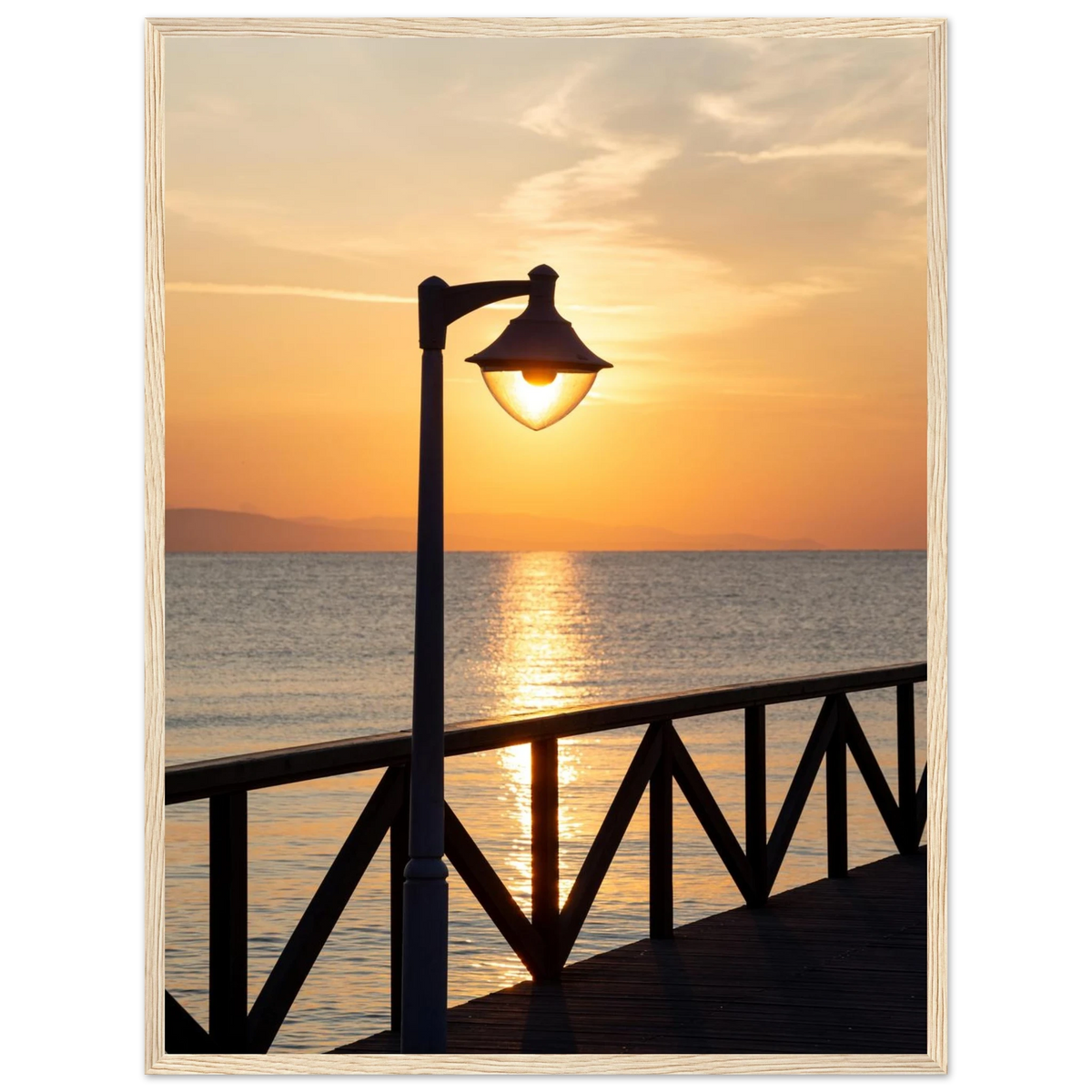 Sunset on the Pier – sunset seascape photography photo print in a wooden frame