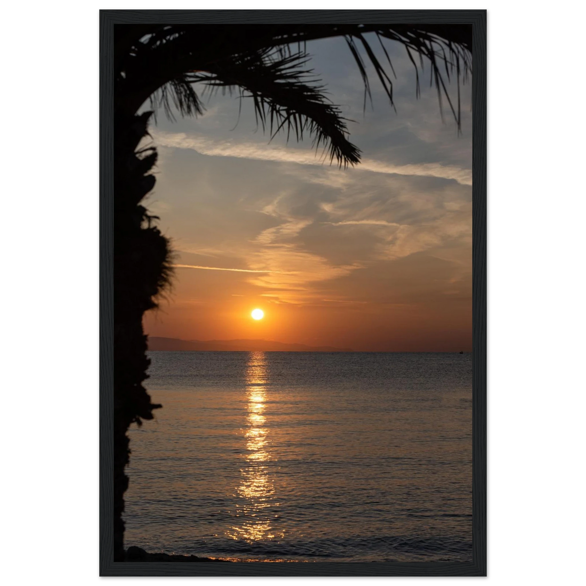 Sunset – sunset over calm water nature photography photo print in a wooden frame