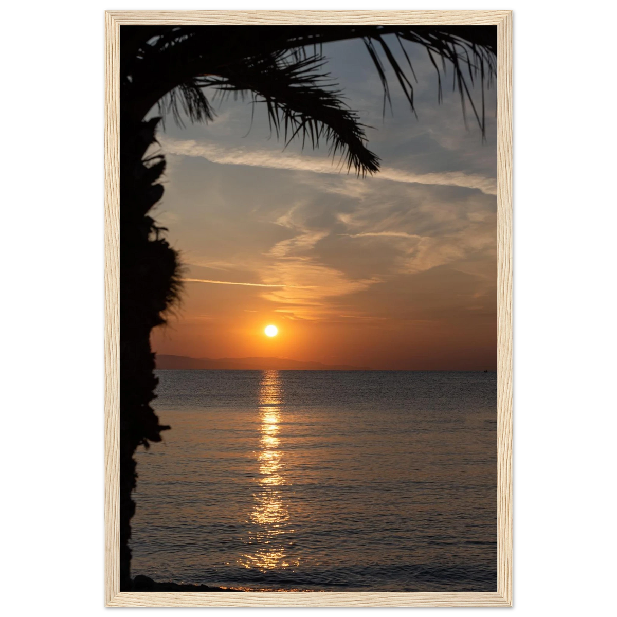 Sunset – sunset over calm water nature photography photo print in a wooden frame
