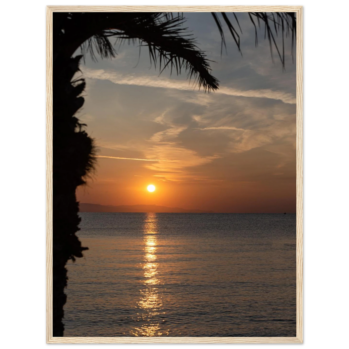 Sunset – sunset over calm water nature photography photo print in a wooden frame