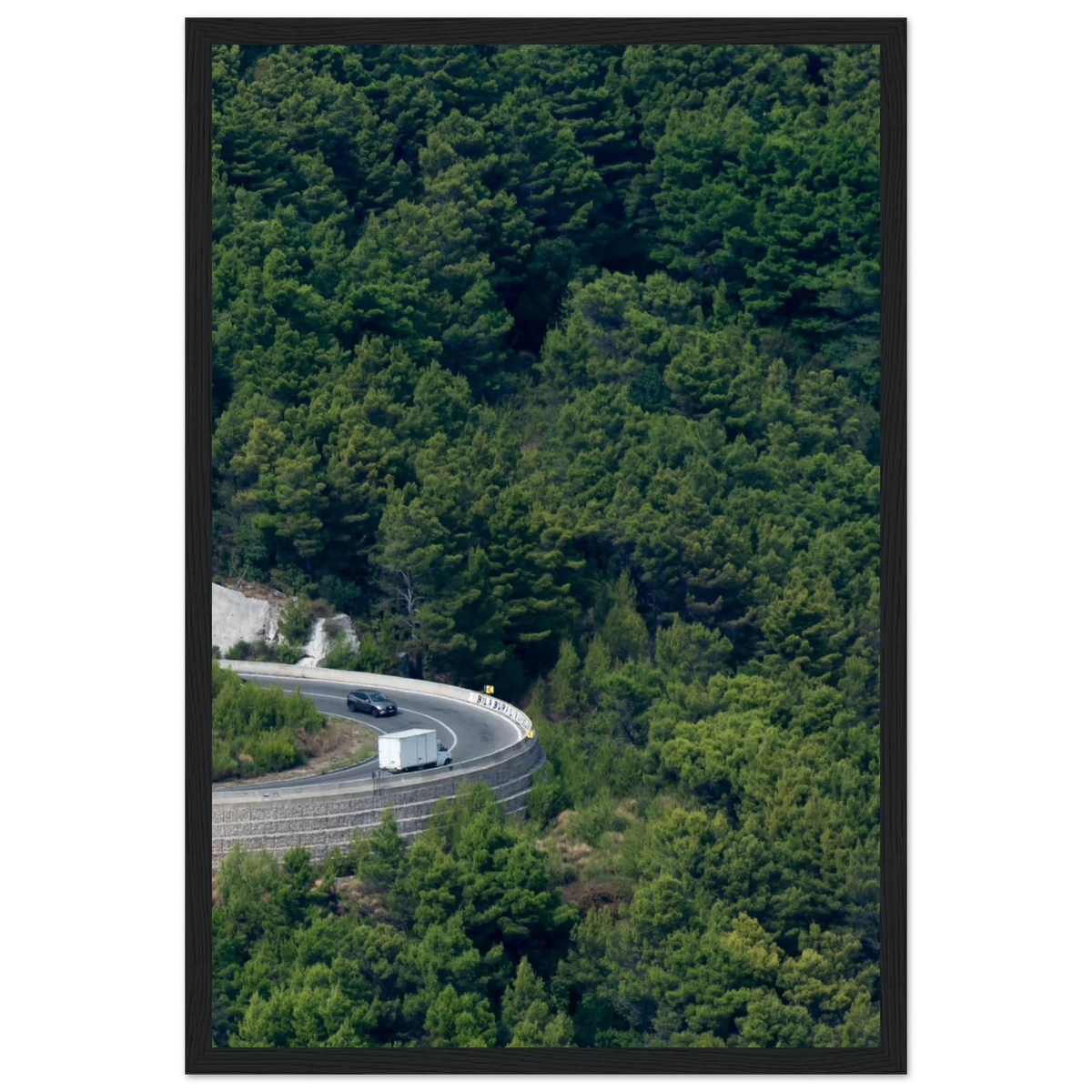 Turn Flow – aerial forest road drone photography photo print in a wooden frame