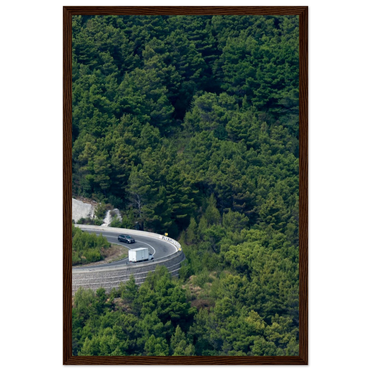 Turn Flow – aerial forest road drone photography photo print in a wooden frame