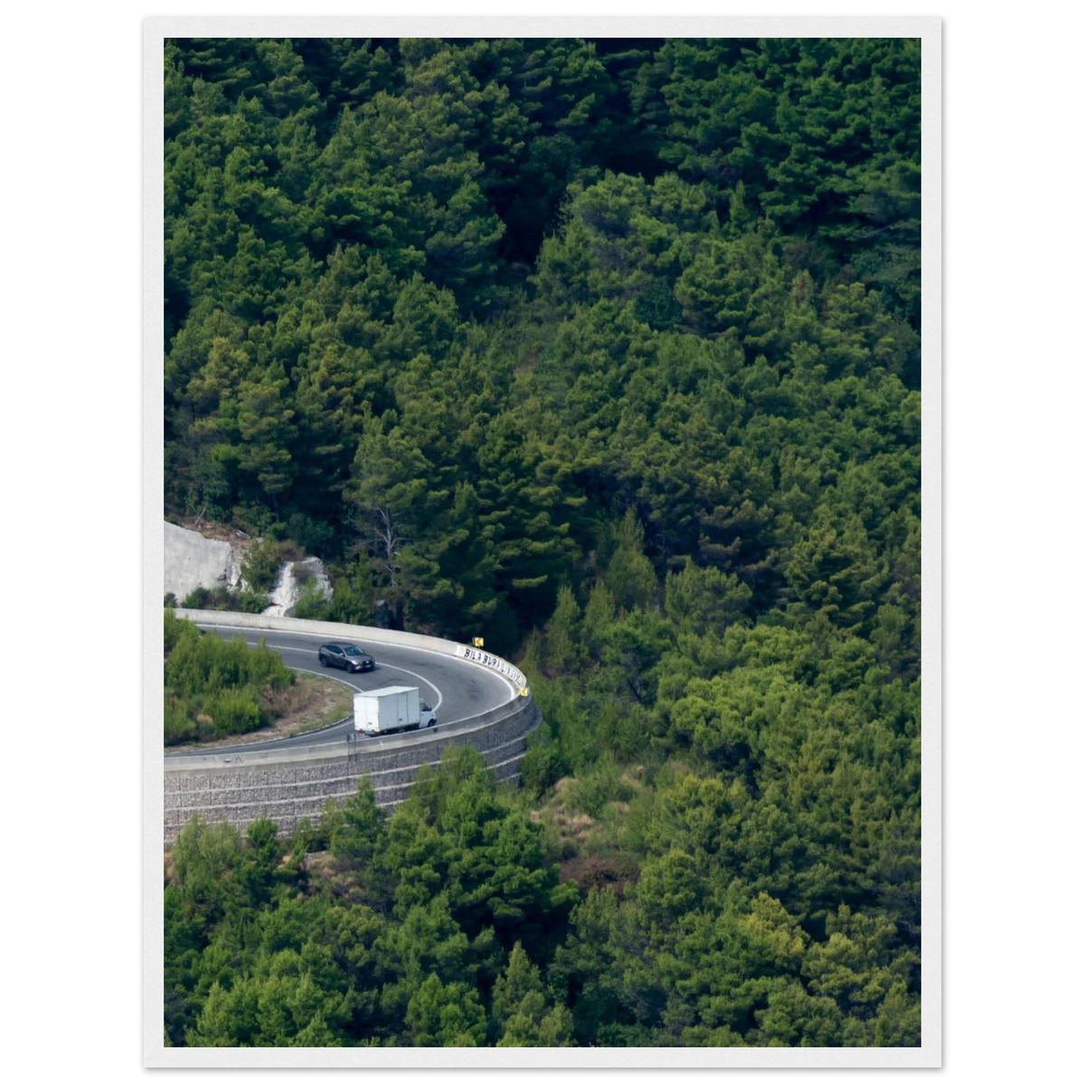 Turn Flow – aerial forest road drone photography photo print in a wooden frame