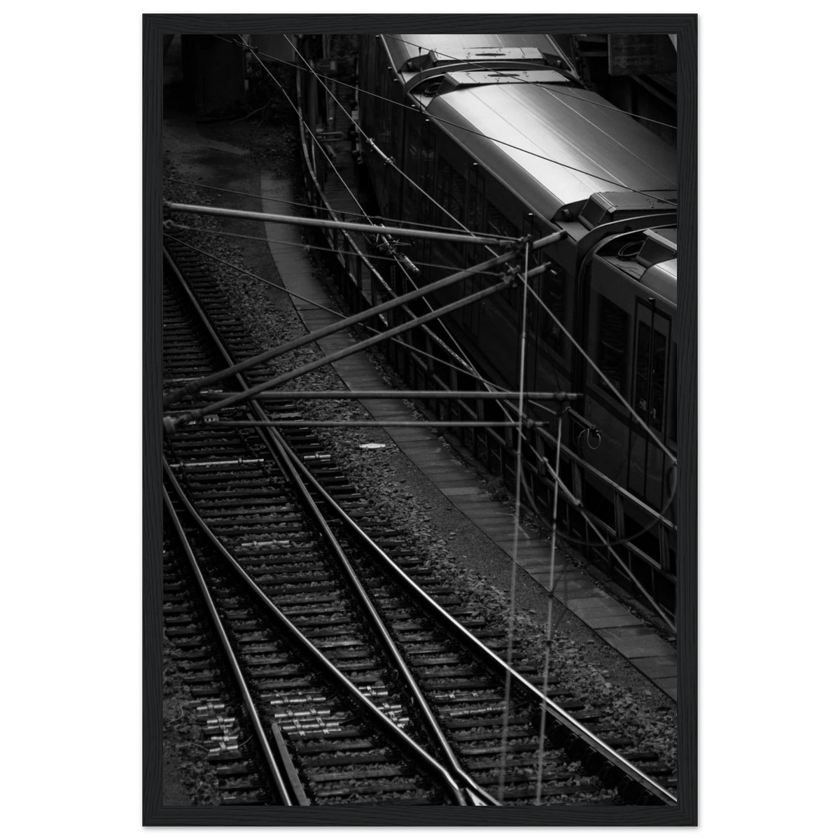 Underground Rush – black and white aerial metro photography photo print in a wooden frame