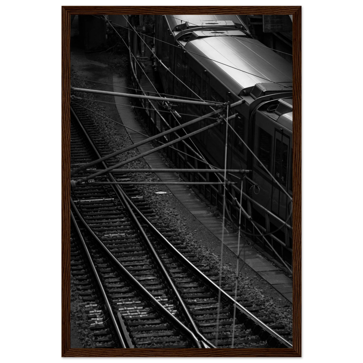 Underground Rush – black and white aerial metro photography photo print in a wooden frame