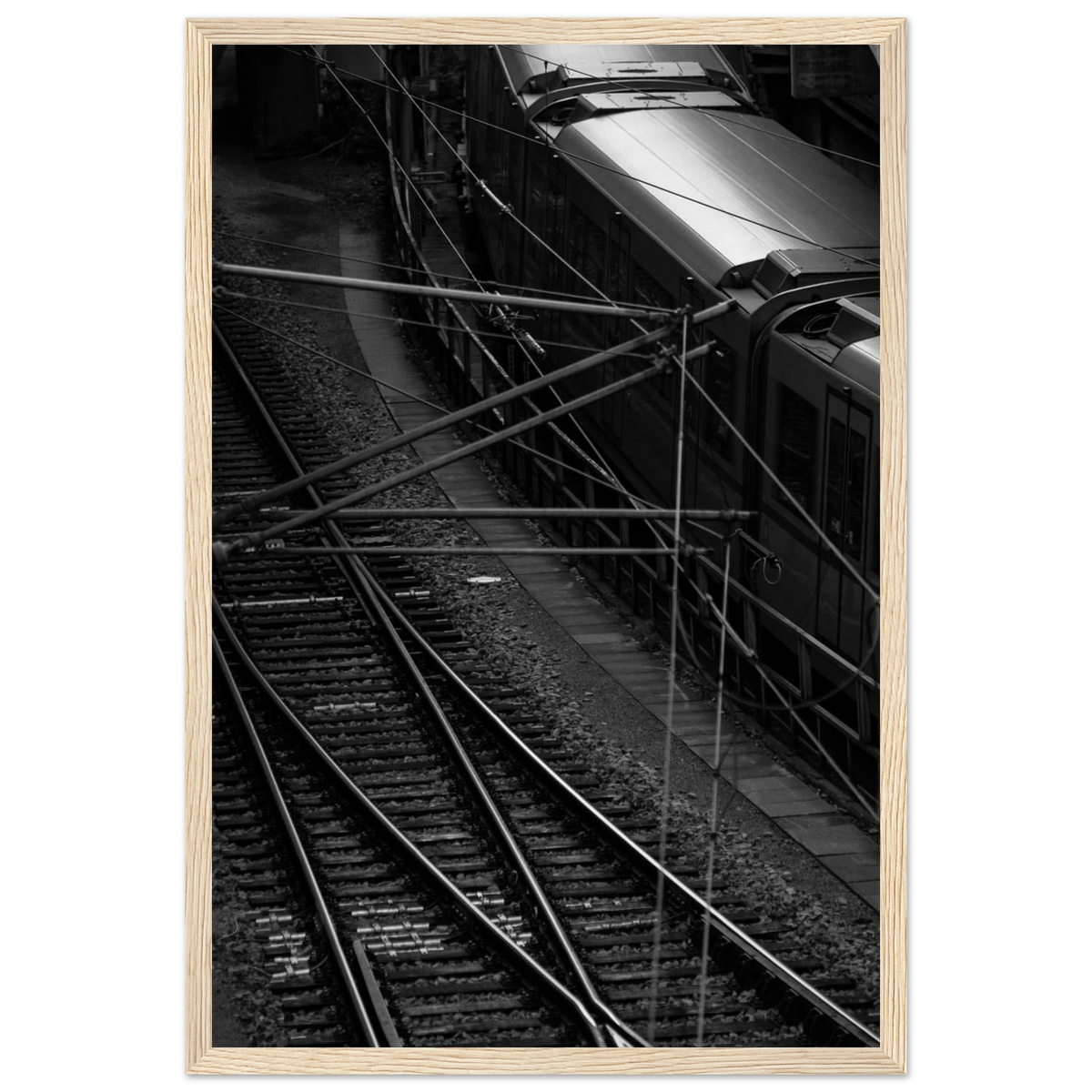 Underground Rush – black and white aerial metro photography photo print in a wooden frame