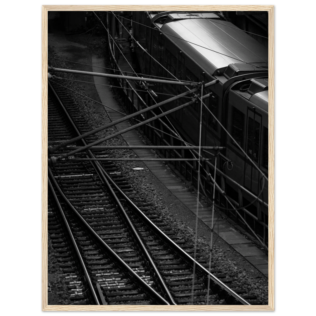 Underground Rush – black and white aerial metro photography photo print in a wooden frame