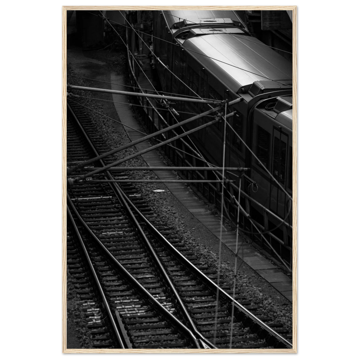 Underground Rush – black and white aerial metro photography photo print in a wooden frame