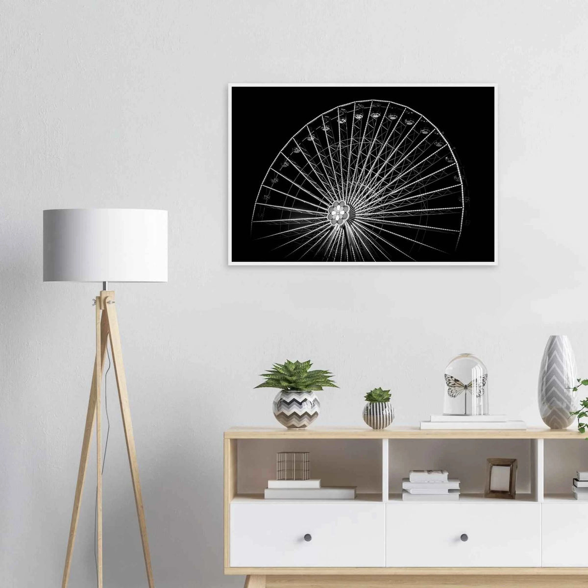 Up & Around black and white Vienna Ferris wheel night photography wall art in a living room