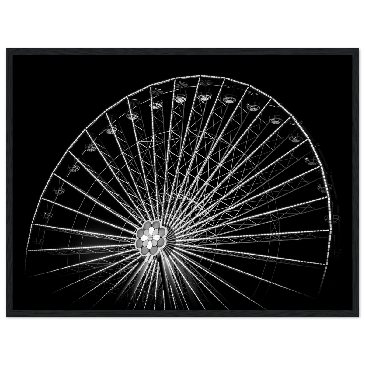 Up & Around – black and white Vienna Ferris wheel night photography photo print in a wooden frame