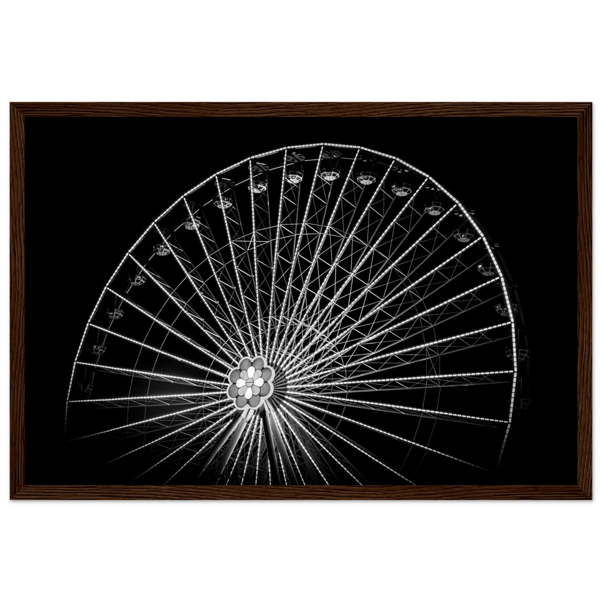 Up & Around – black and white Vienna Ferris wheel night photography photo print in a wooden frame