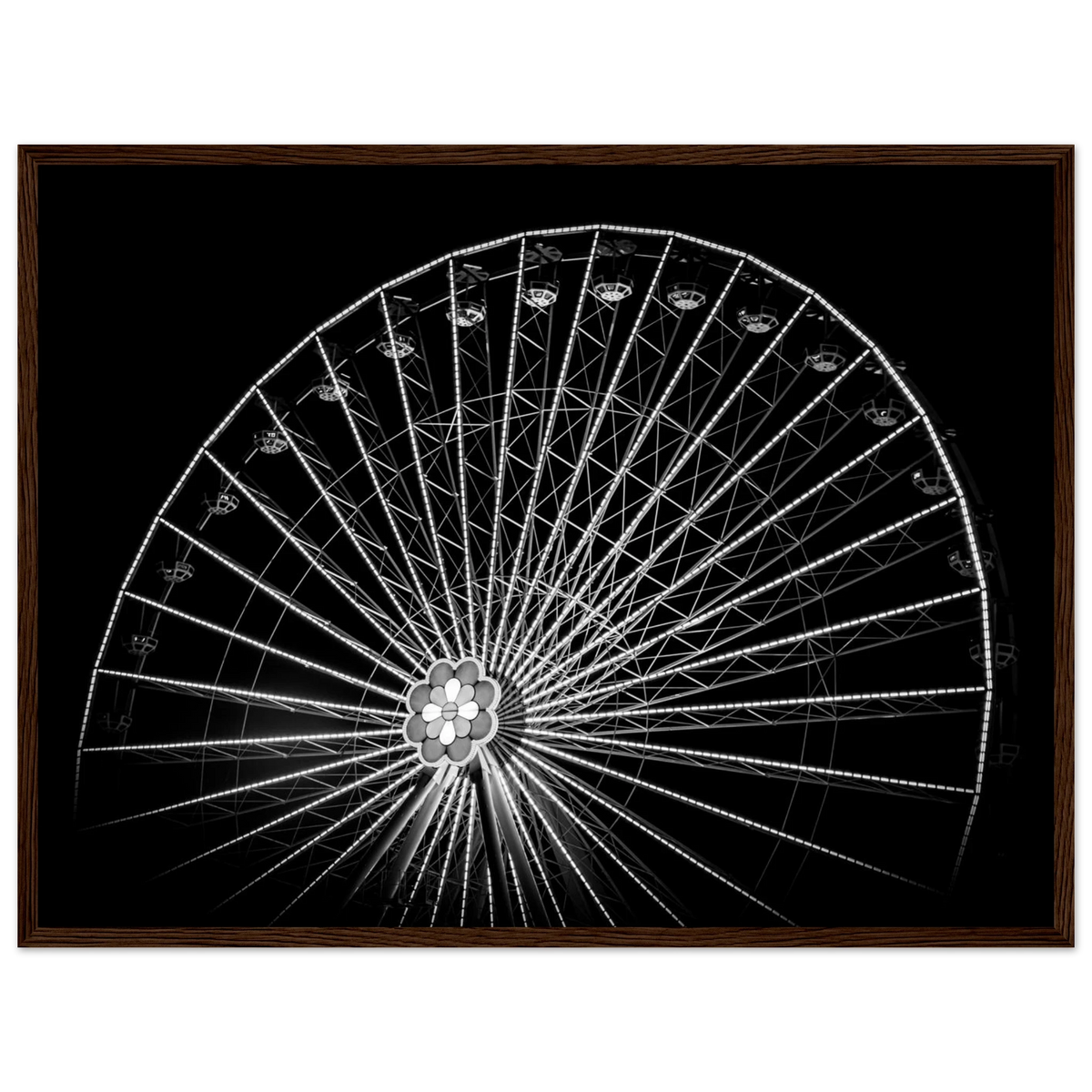 Up & Around – black and white Vienna Ferris wheel night photography photo print in a wooden frame