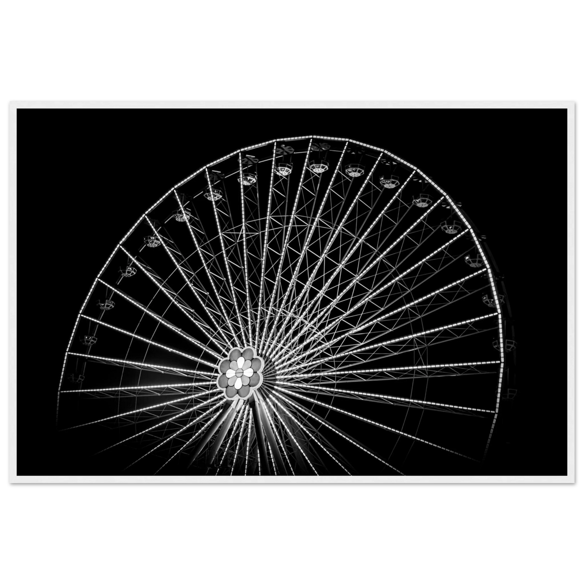 Up & Around – black and white Vienna Ferris wheel night photography photo print in a wooden frame