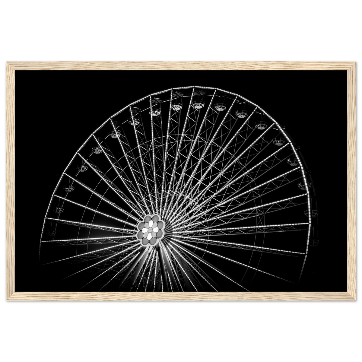 Up & Around – black and white Vienna Ferris wheel night photography photo print in a wooden frame