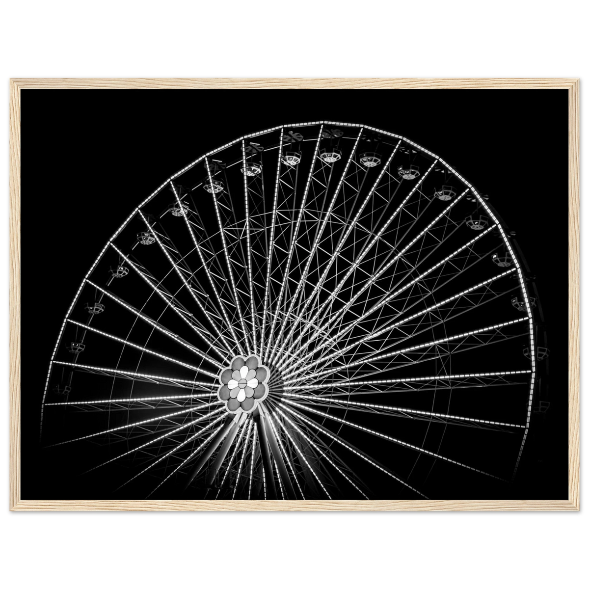 Up & Around – black and white Vienna Ferris wheel night photography photo print in a wooden frame