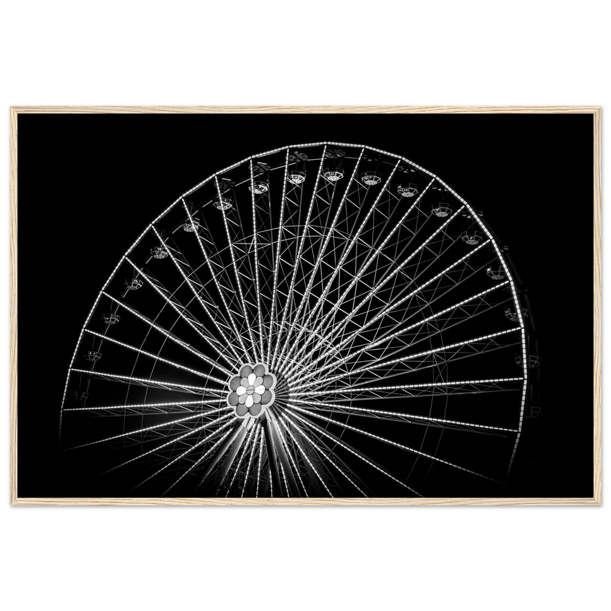 Up & Around – black and white Vienna Ferris wheel night photography photo print in a wooden frame