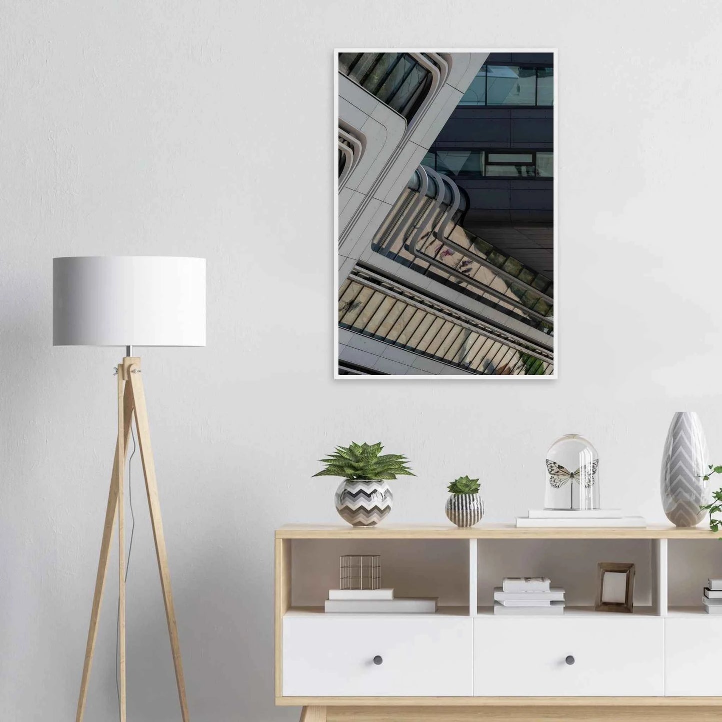 Exterior view of the Library of WU (Vienna University of Economics and Business) with modern angular glass and steel architecture on wooden framed wall art on the wall in the Livingroom