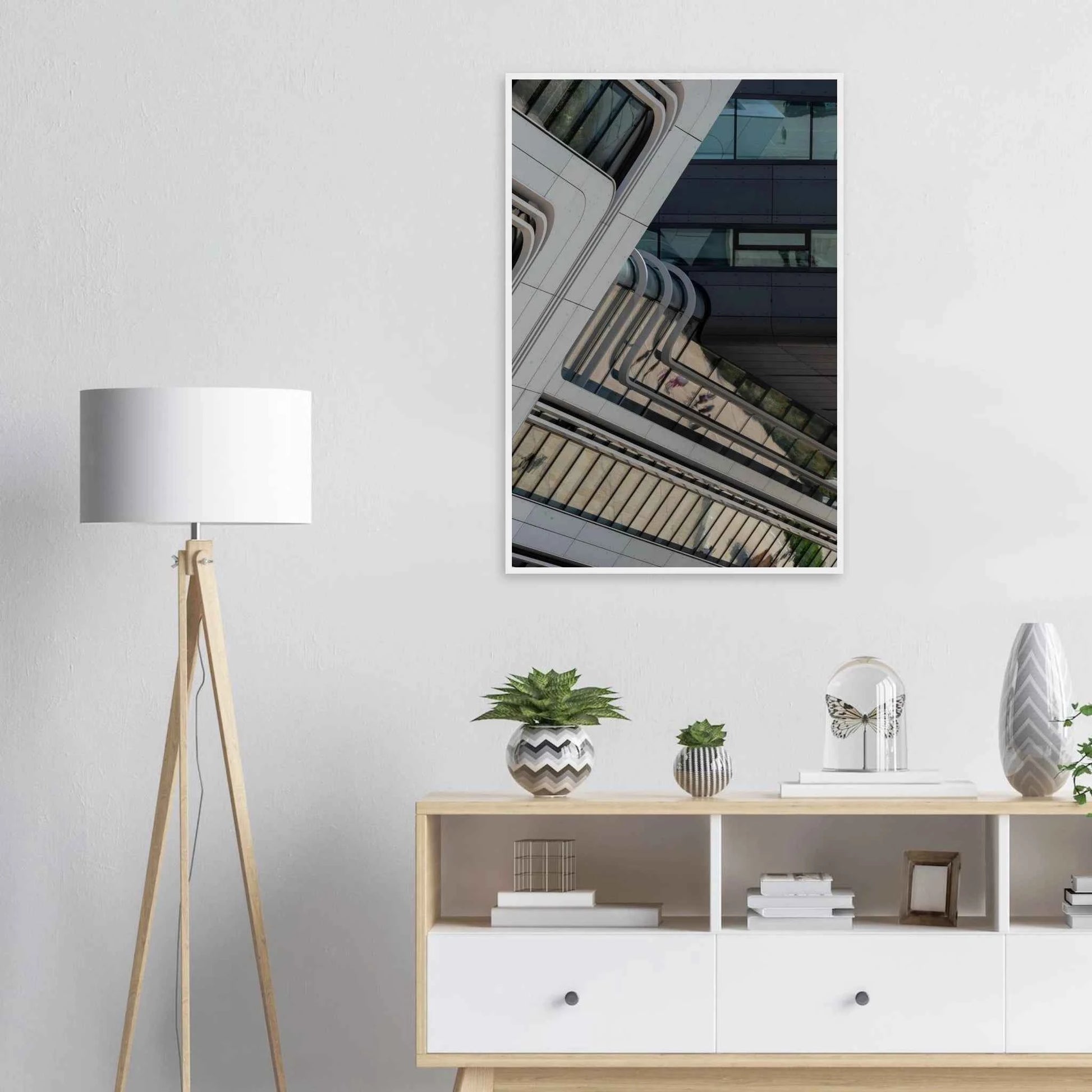 Exterior view of the Library of WU (Vienna University of Economics and Business) with modern angular glass and steel architecture on wooden framed wall art on the wall in the Livingroom