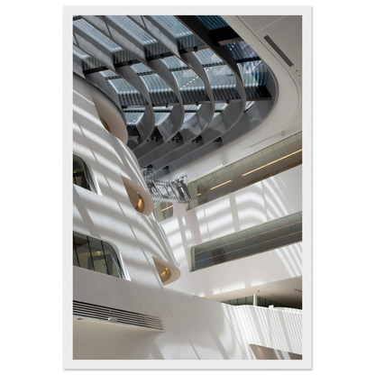 Interior view of the Library of WU (Vienna University of Economics and Business) on wooden frame wall art featuring modern architecture with multiple floors and open study spaces