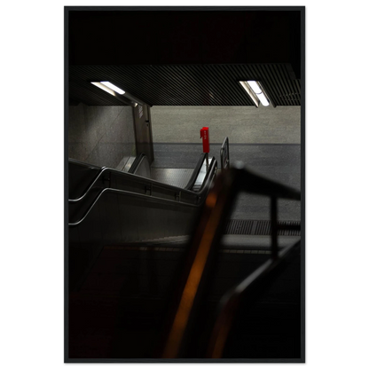 Nighttime view of a metro station entrance with illuminated signs and dark urban surroundings on wooden framed wall art