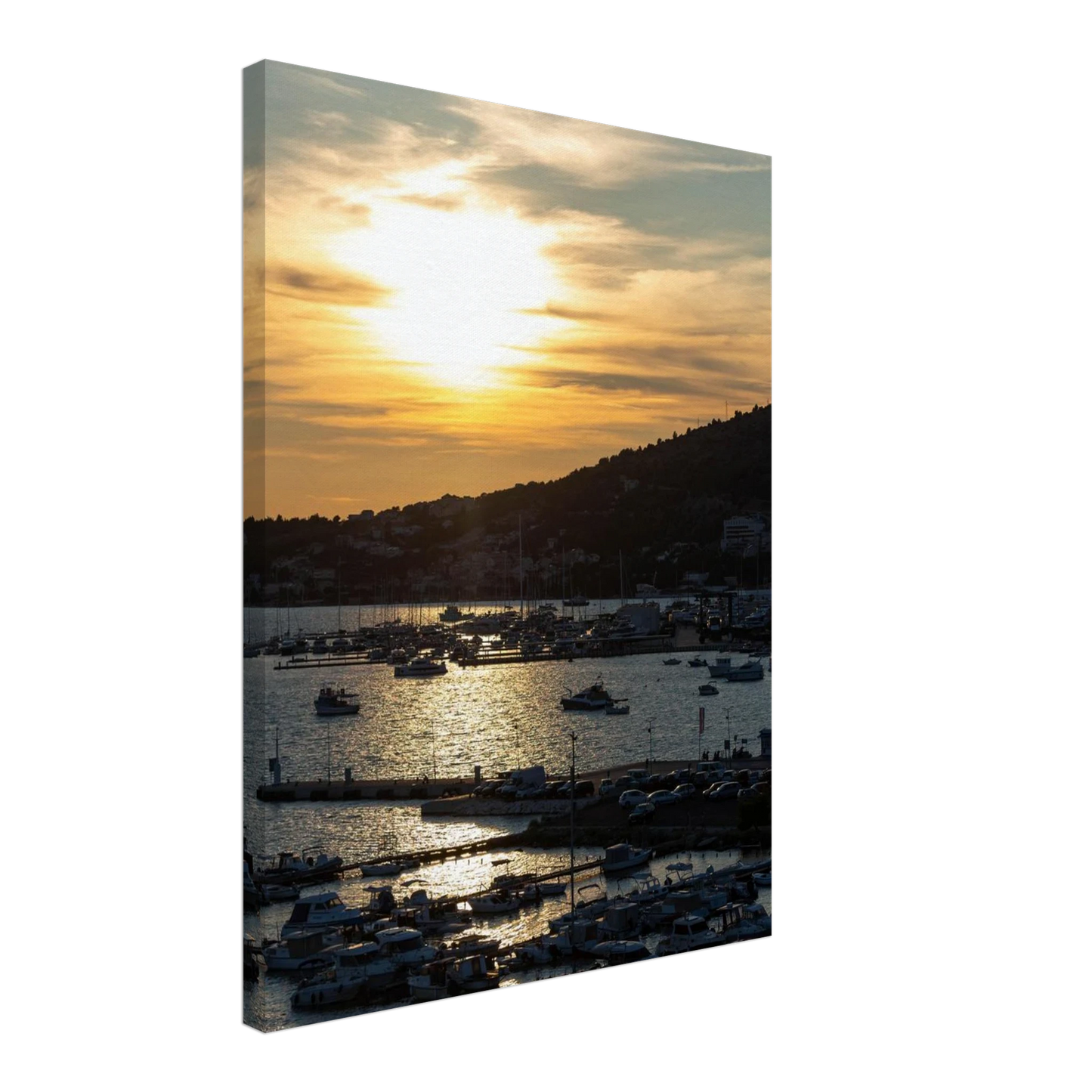 Canvas Print wall art of small boats anchored in a seaside port during Sunset at the harbor