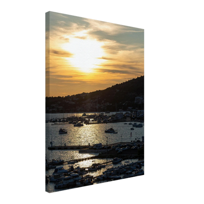 Canvas Print wall art of small boats anchored in a seaside port during Sunset at the harbor