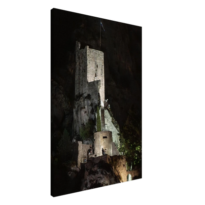 Canvas Print wall art of an ancient stone bastion decorated with green climbing plants against a dark background in Shadow Keep