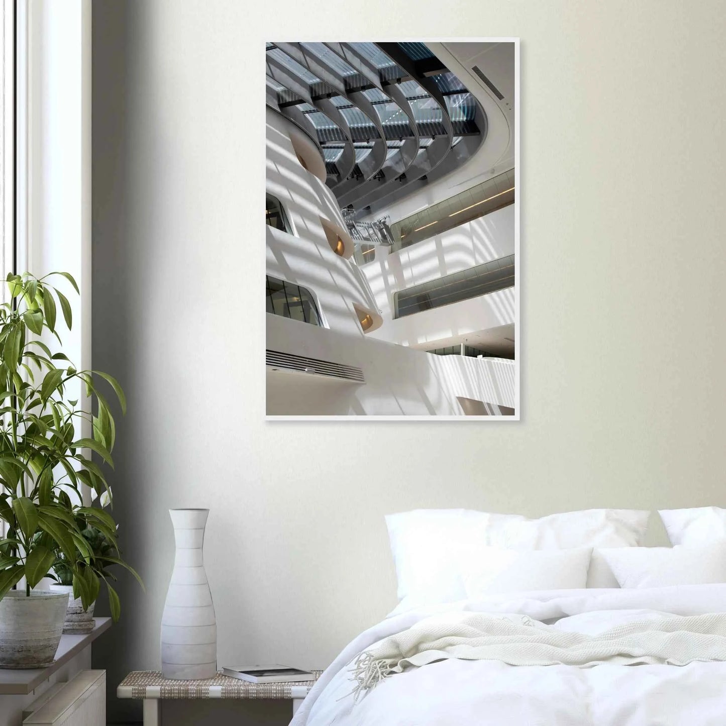 Interior view of the Library of WU (Vienna University of Economics and Business) on wooden frame wall art featuring modern architecture with multiple floors and open study spaces on the wall in the Bedroom