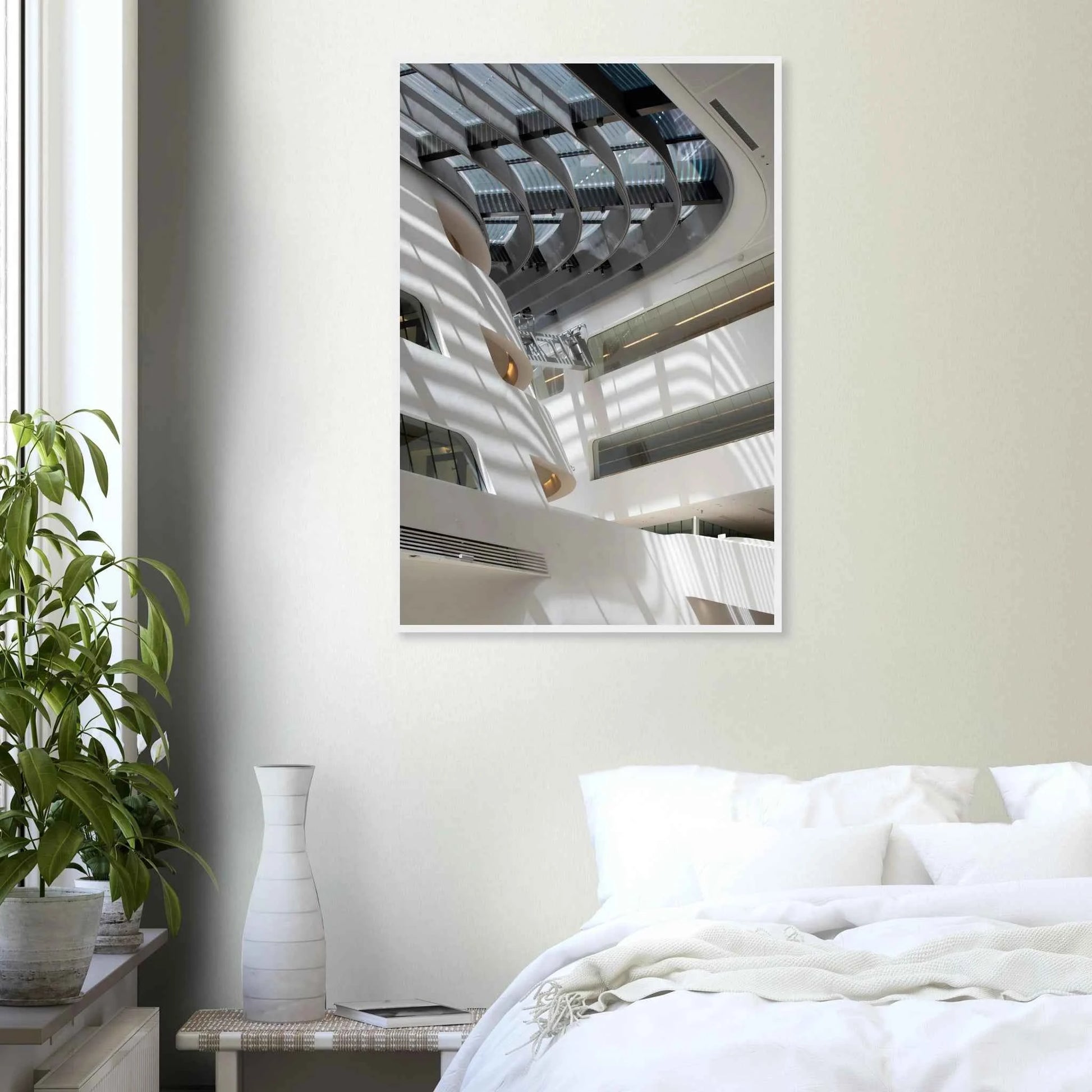 Interior view of the Library of WU (Vienna University of Economics and Business) on wooden frame wall art featuring modern architecture with multiple floors and open study spaces on the wall in the Bedroom