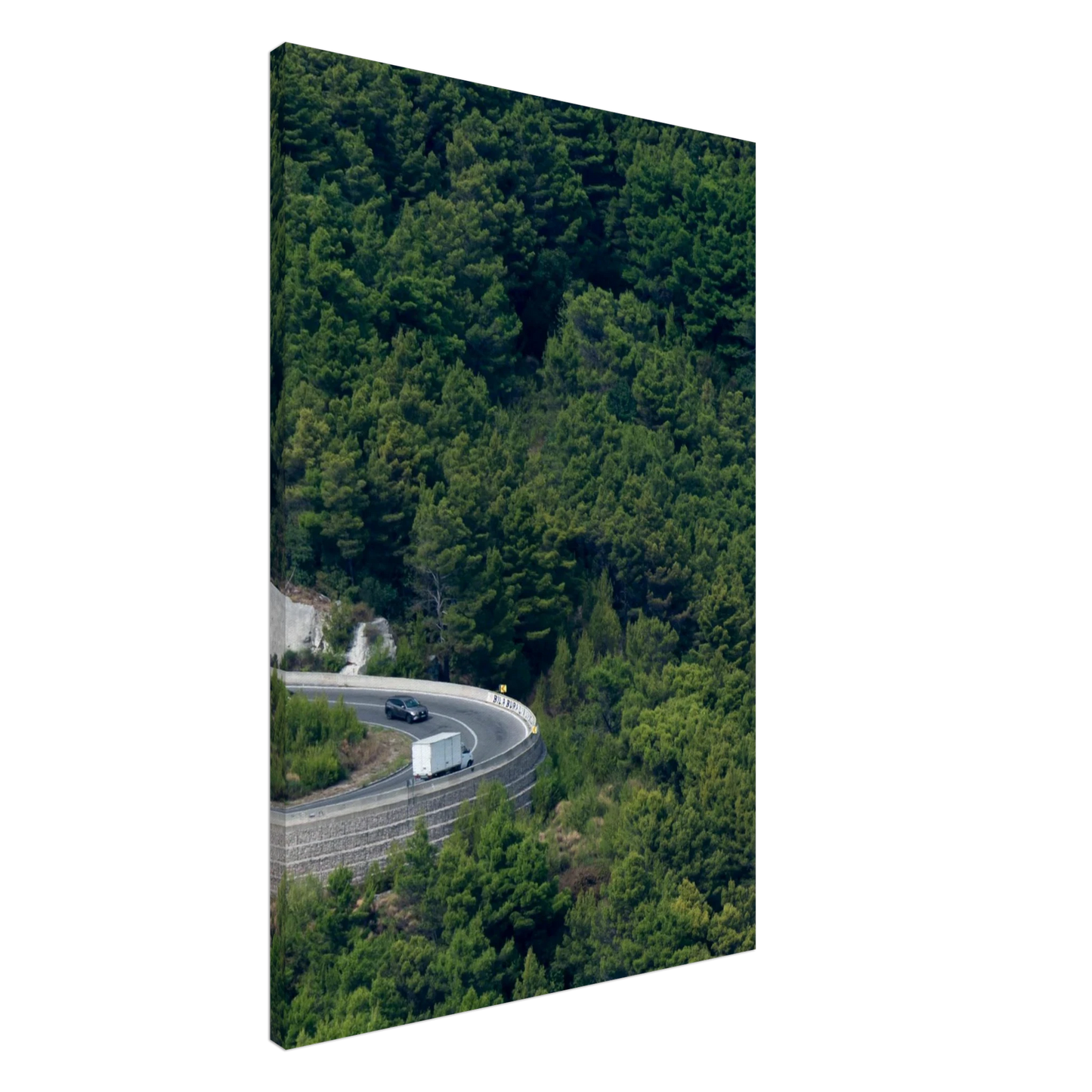 Aerial view of a winding road curve with cars surrounded by lush green forest landscape on Canvas print wall art