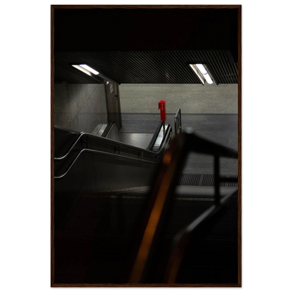 Nighttime view of a metro station entrance with illuminated signs and dark urban surroundings on wooden framed wall art