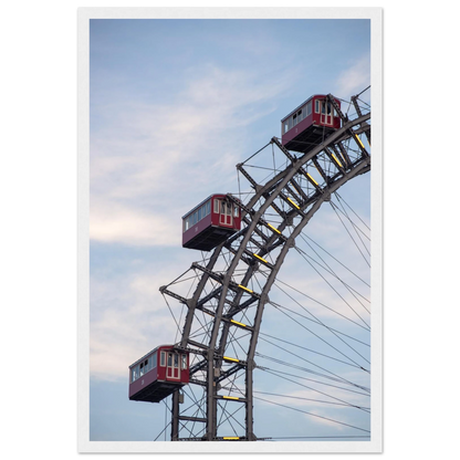 Close up of the historic Vienna Prater Giant Ferris Wheel (Wiener Riesenrad) showing its iconic steel structure and vintage mechanical details on wooden framed wall art