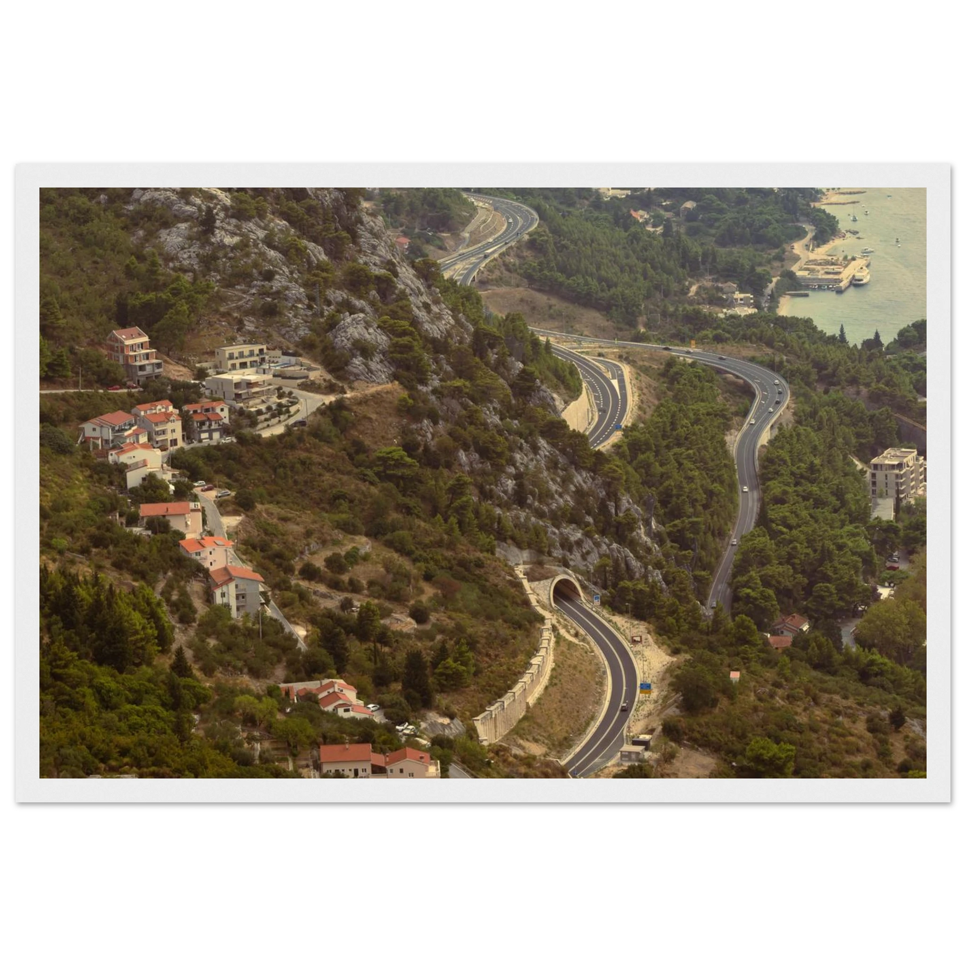 Classic, retro oil painting of a detailed landscape scene with lush trees, figures and rich natural surroundings on wooden framed wall art