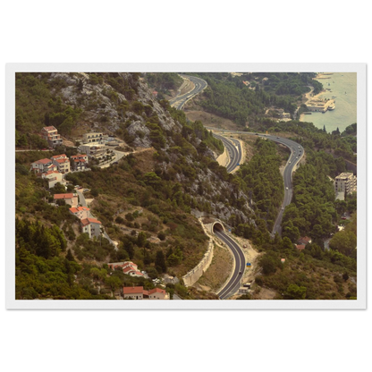 Classic, retro oil painting of a detailed landscape scene with lush trees, figures and rich natural surroundings on wooden framed wall art