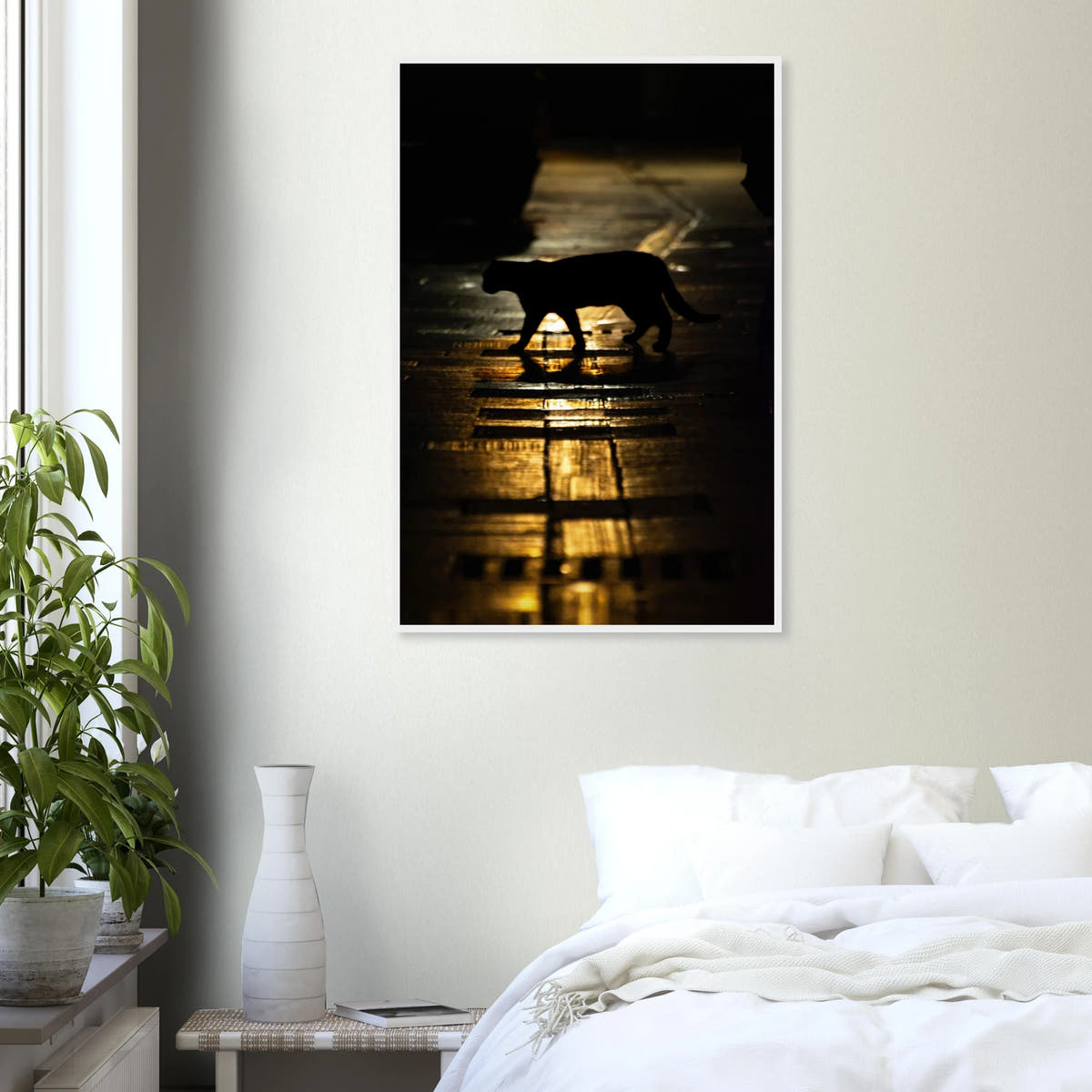 The Mysterious Cat – cat on a night street photography photo print in a wooden frame