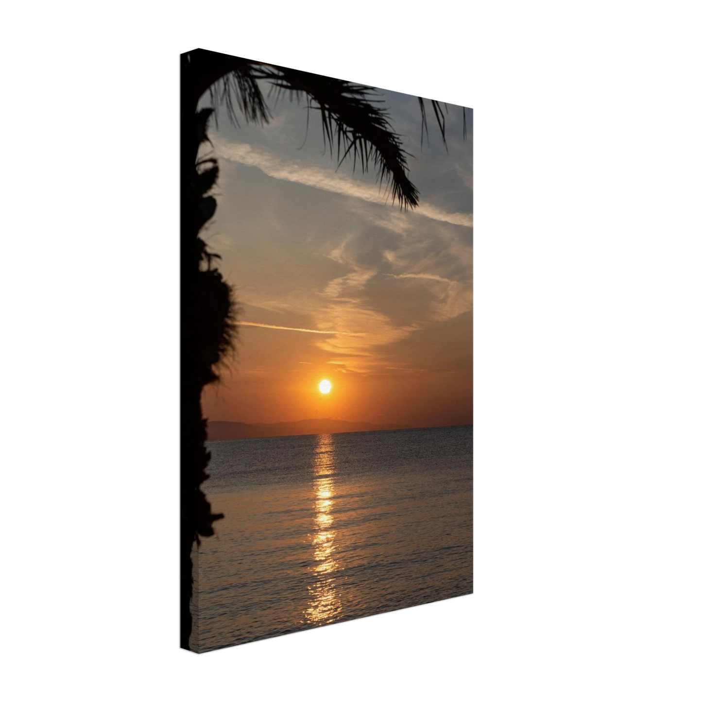 Canvas print wall art, Sunset over calm water with golden reflections, framed by tree branches in a peaceful natural landscape