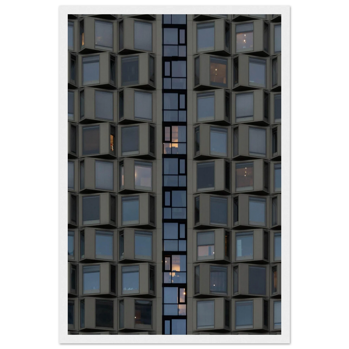 Close up view of a modern building facade with a grid of reflective glass windows on wooden frame wall art