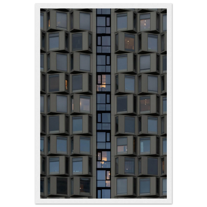 Close up view of a modern building facade with a grid of reflective glass windows on wooden frame wall art
