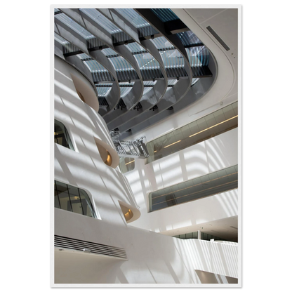 Interior view of the Library of WU (Vienna University of Economics and Business) on wooden frame wall art featuring modern architecture with multiple floors and open study spaces