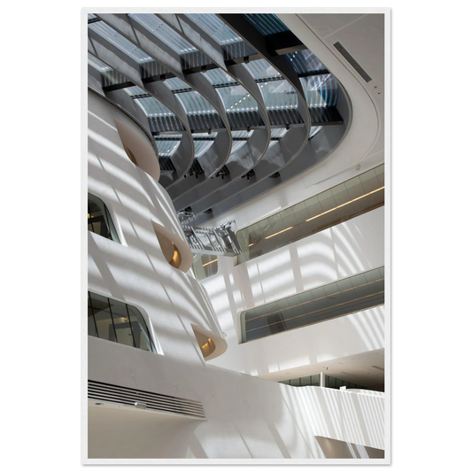 Interior view of the Library of WU (Vienna University of Economics and Business) on wooden frame wall art featuring modern architecture with multiple floors and open study spaces