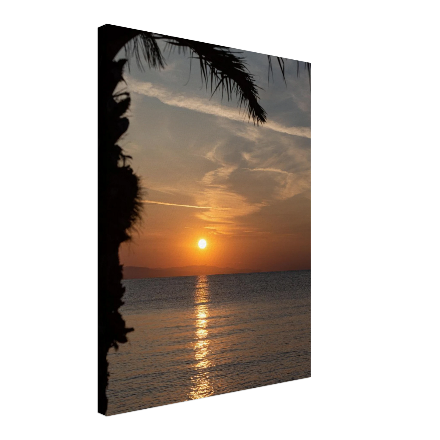 Canvas print wall art, Sunset over calm water with golden reflections, framed by tree branches in a peaceful natural landscape