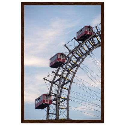 Close up of the historic Vienna Prater Giant Ferris Wheel (Wiener Riesenrad) showing its iconic steel structure and vintage mechanical details on wooden framed wall art