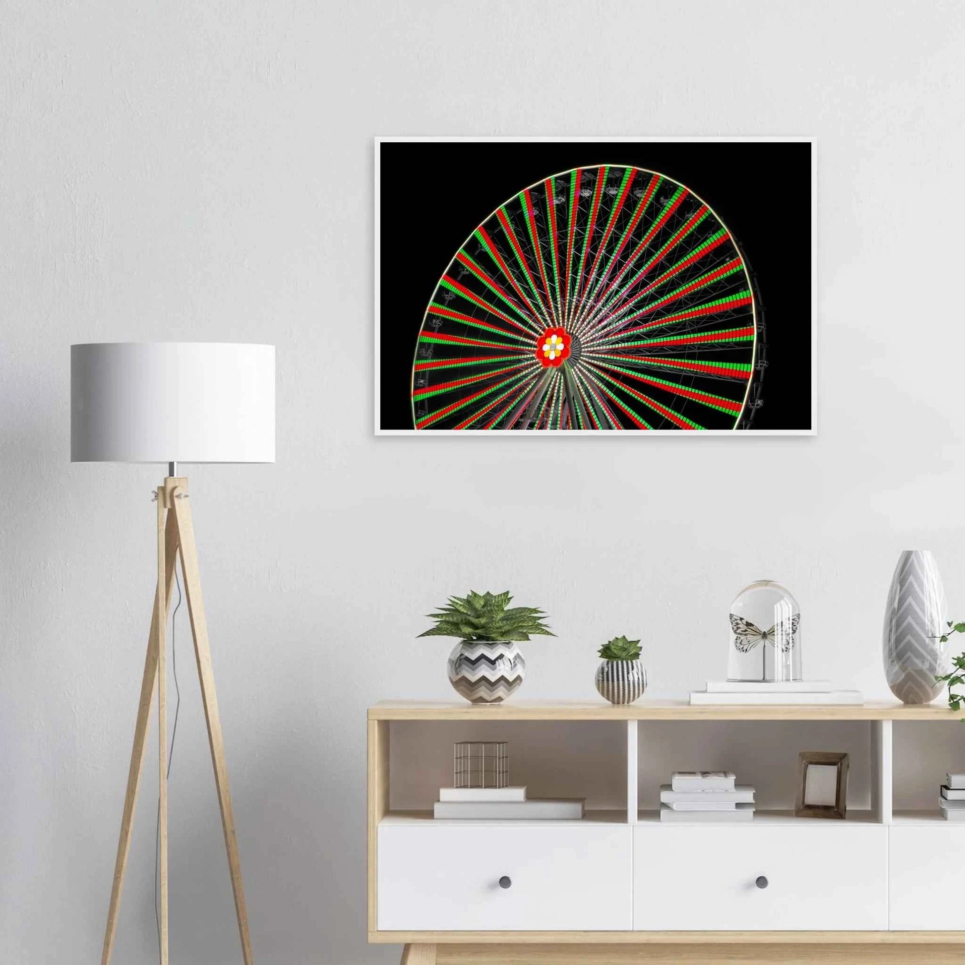 Night photo of the Vienna Prater Giant Ferris Wheel (Wiener Riesenrad) illuminated with warm golden lights against a dark sky on wooden framed wall art on the wall in the Livingroom
