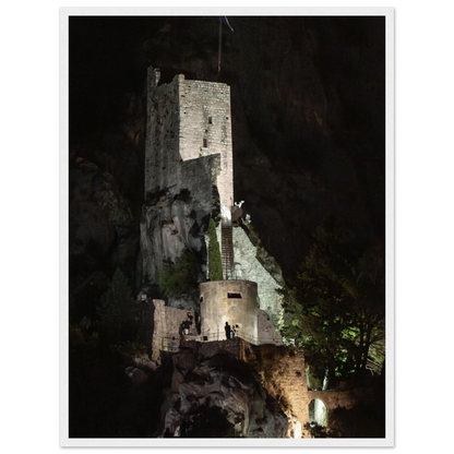 Wooden framed wall art of an ancient stone bastion decorated with green climbing plants against a dark background in Shadow Keep