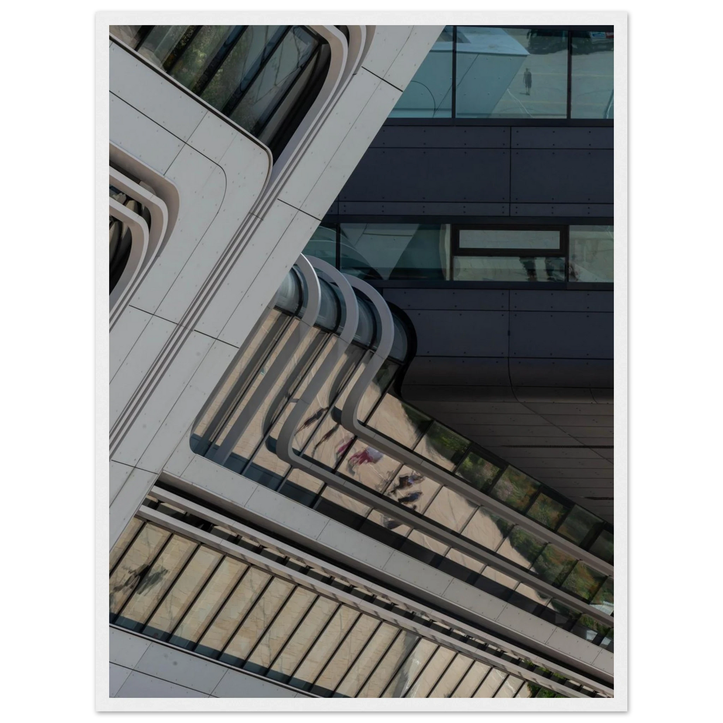 Exterior view of the Library of WU (Vienna University of Economics and Business) with modern angular glass and steel architecture on wooden framed wall art