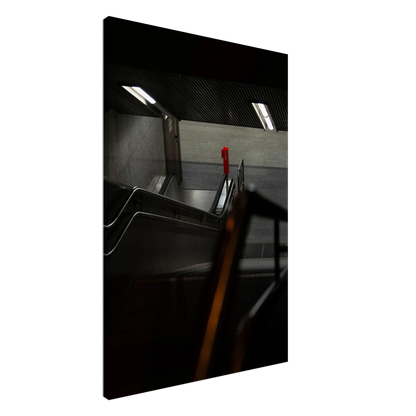 Nighttime view of a metro station entrance with illuminated signs and dark urban surroundings on Canvas print wall art